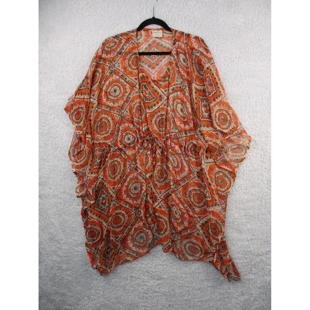 Sunflower Boho Kaftan Top Orange Tribal Print Drawstring Free Size Sheer Cover U